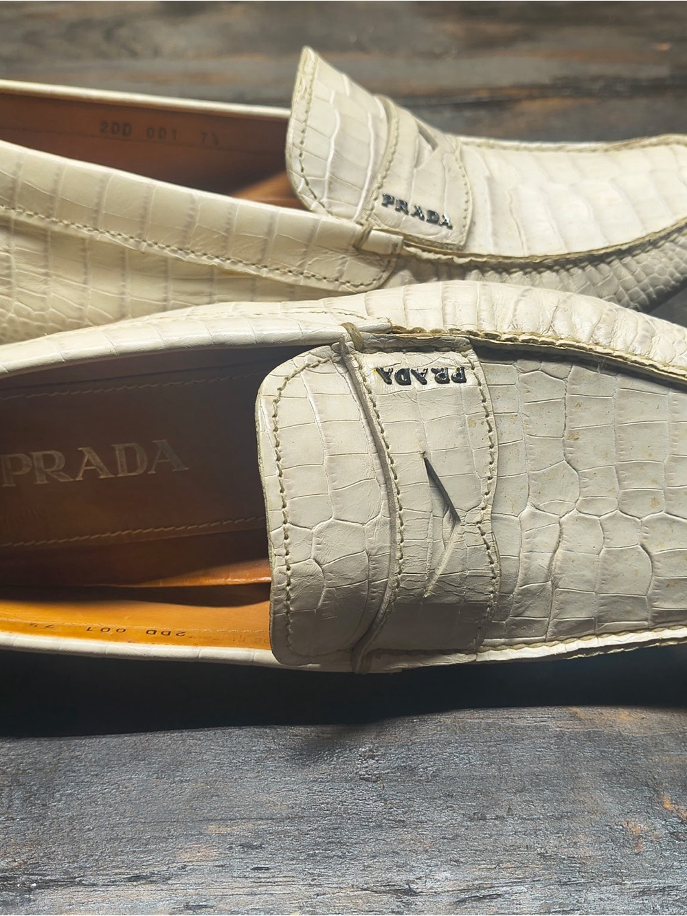 Prada Cream Croc-Embossed Leather Penny Loafers